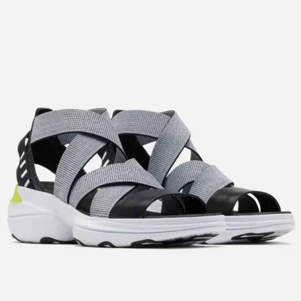 Sorel Women's Gray Black White Strap Sandals with Yellow Accent